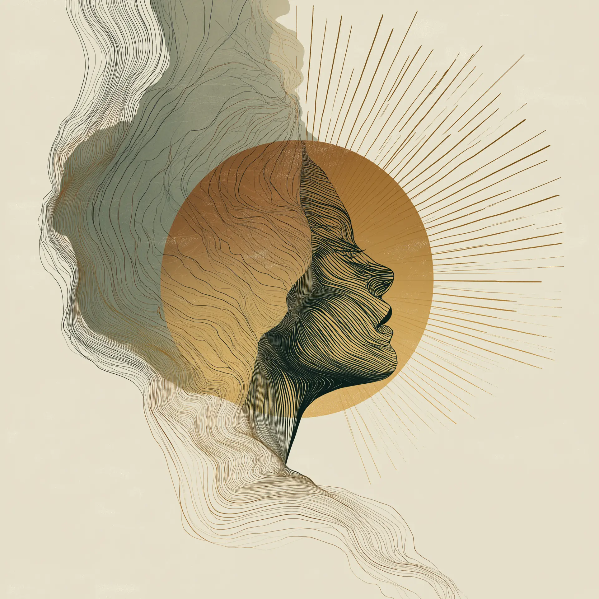 Line illustration of a woman dissolving into warm radiant light