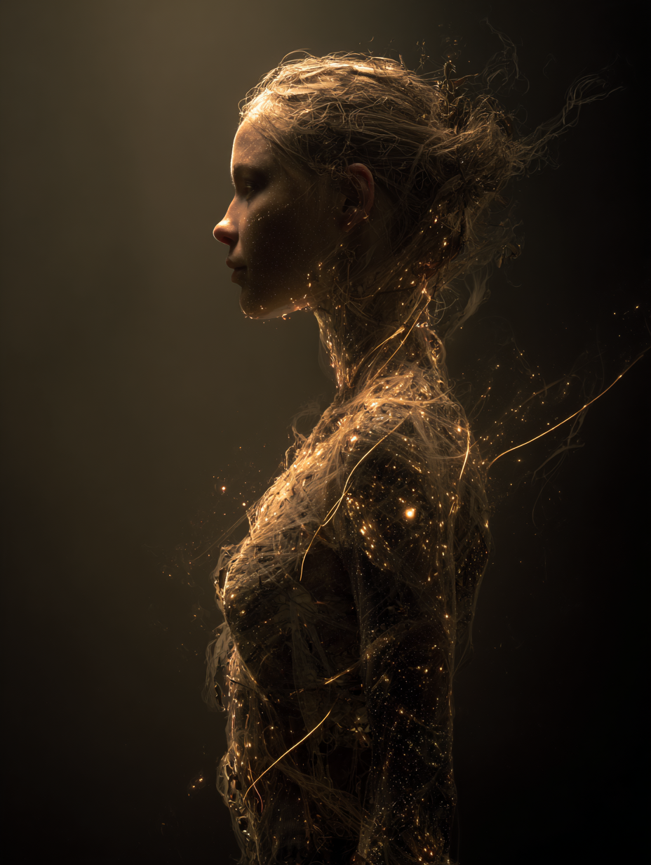 A luminous figure woven with filaments of light